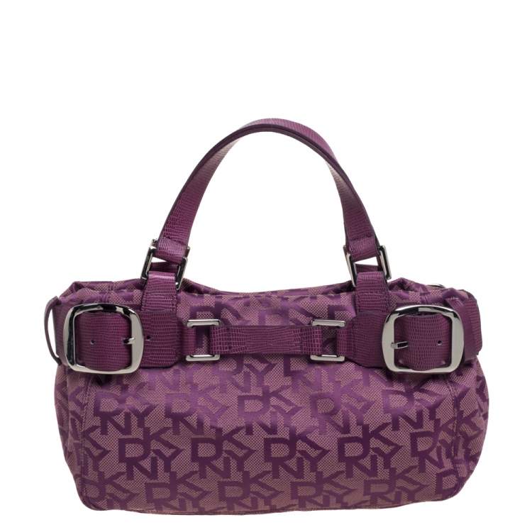 Pre Owned Dkny Purple Signature Canvas and Lizard Embossed Leather Satchel
