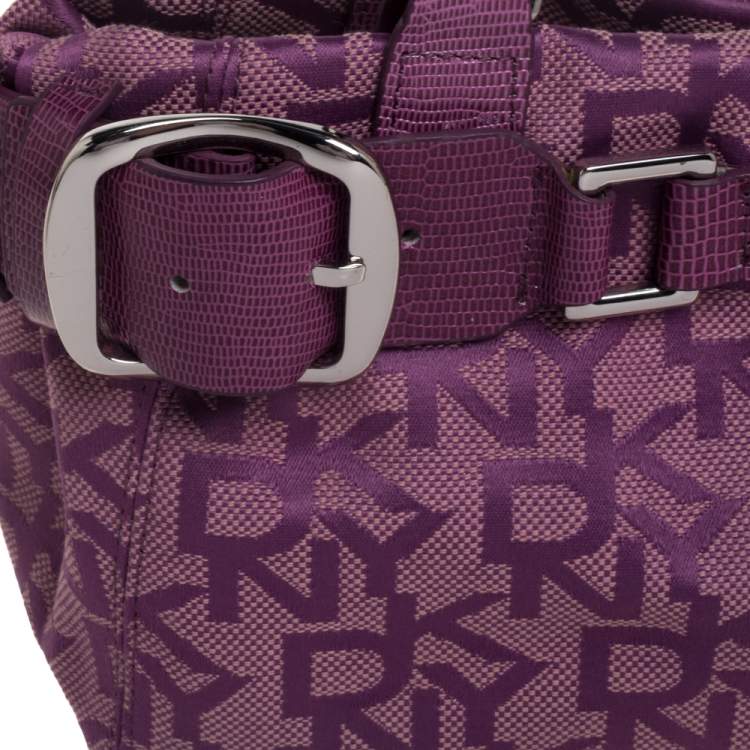 Pre Owned Dkny Purple Signature Canvas and Lizard Embossed Leather Satchel