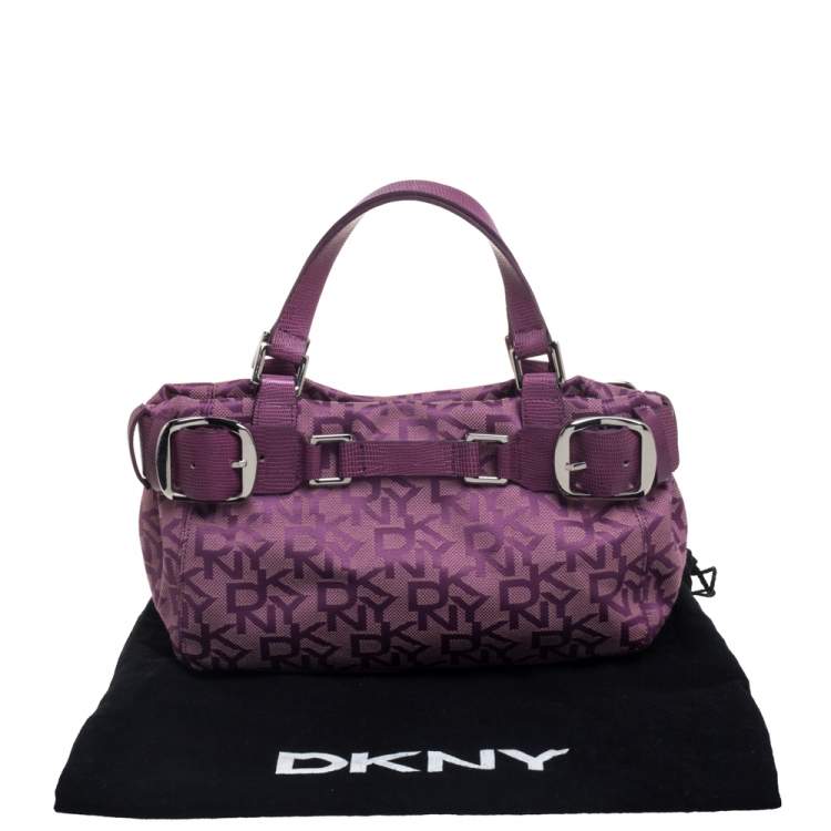 Pre Owned Dkny Purple Signature Canvas and Lizard Embossed Leather Satchel