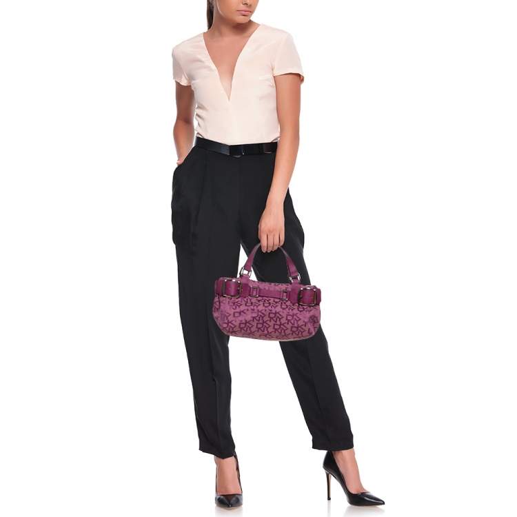 Pre Owned Dkny Purple Signature Canvas and Lizard Embossed Leather Satchel