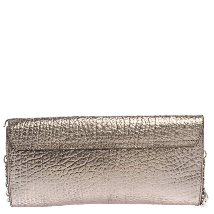 Pre Owned DKNY Metallic Grey Leather Flap Chain Clutch