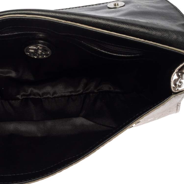 Pre Owned DKNY Metallic Grey Leather Flap Chain Clutch