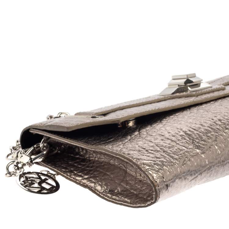 Pre Owned DKNY Metallic Grey Leather Flap Chain Clutch