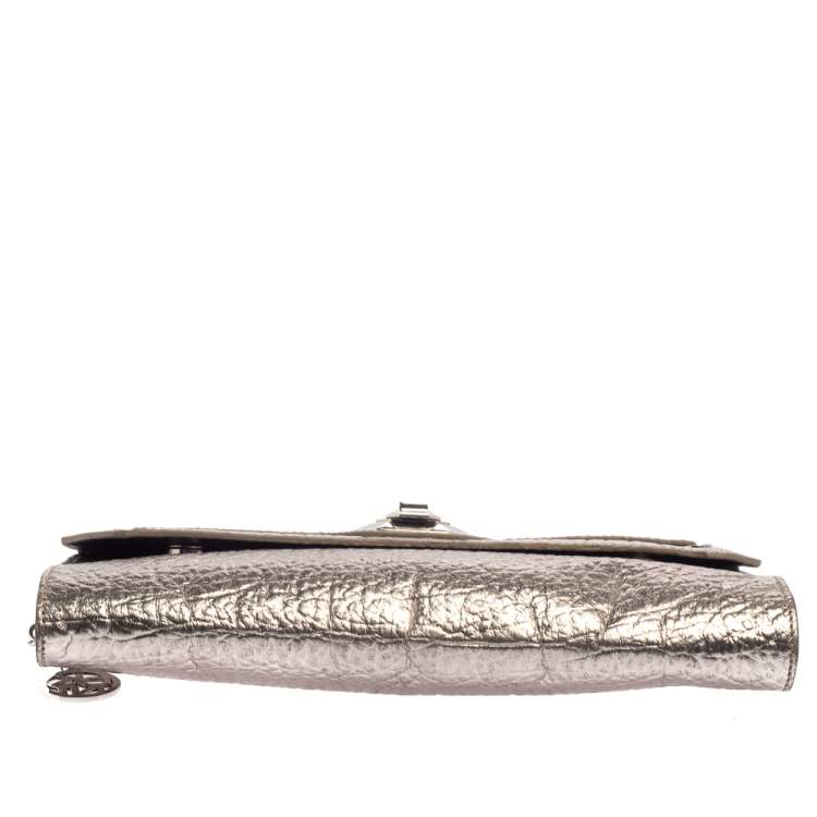 Pre Owned DKNY Metallic Grey Leather Flap Chain Clutch