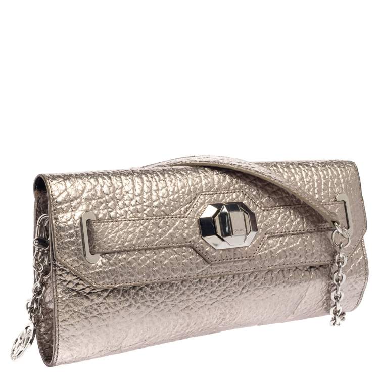 Pre Owned DKNY Metallic Grey Leather Flap Chain Clutch