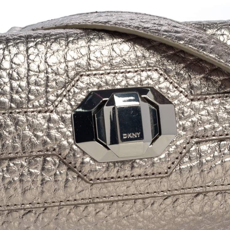 Pre Owned DKNY Metallic Grey Leather Flap Chain Clutch