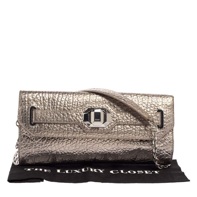 Pre Owned DKNY Metallic Grey Leather Flap Chain Clutch