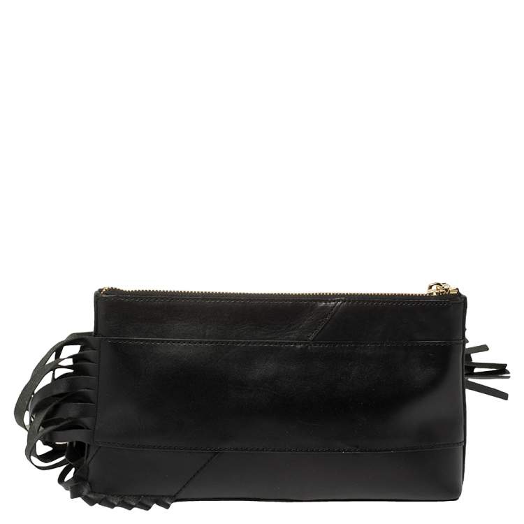 Pre Owned DKNY Black Leather Fringe Clutch