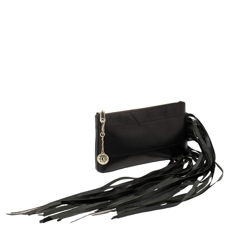 Pre Owned DKNY Black Leather Fringe Clutch