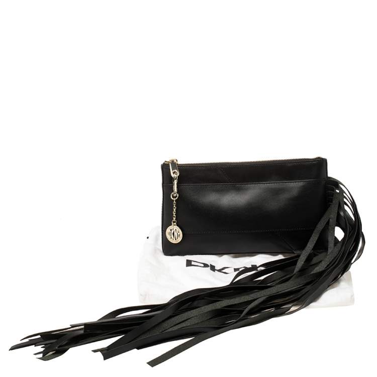 Pre Owned DKNY Black Leather Fringe Clutch