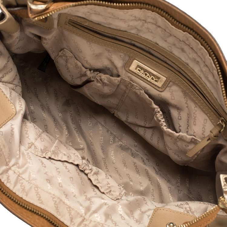Pre Owned Dkny Beige/Brown Signature Canvas and Leather Heritage Lock Tote
