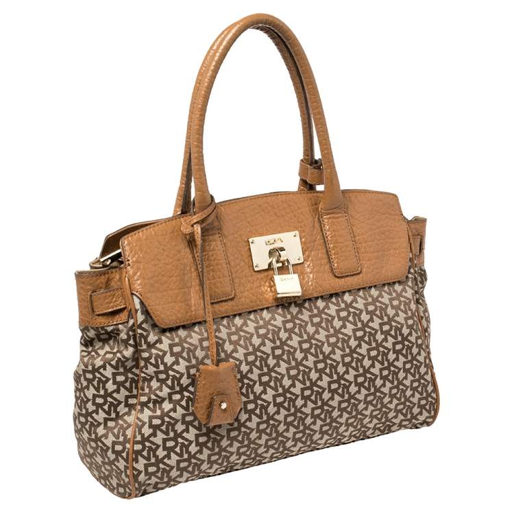 Pre Owned Dkny Beige/Brown Signature Canvas and Leather Heritage Lock Tote