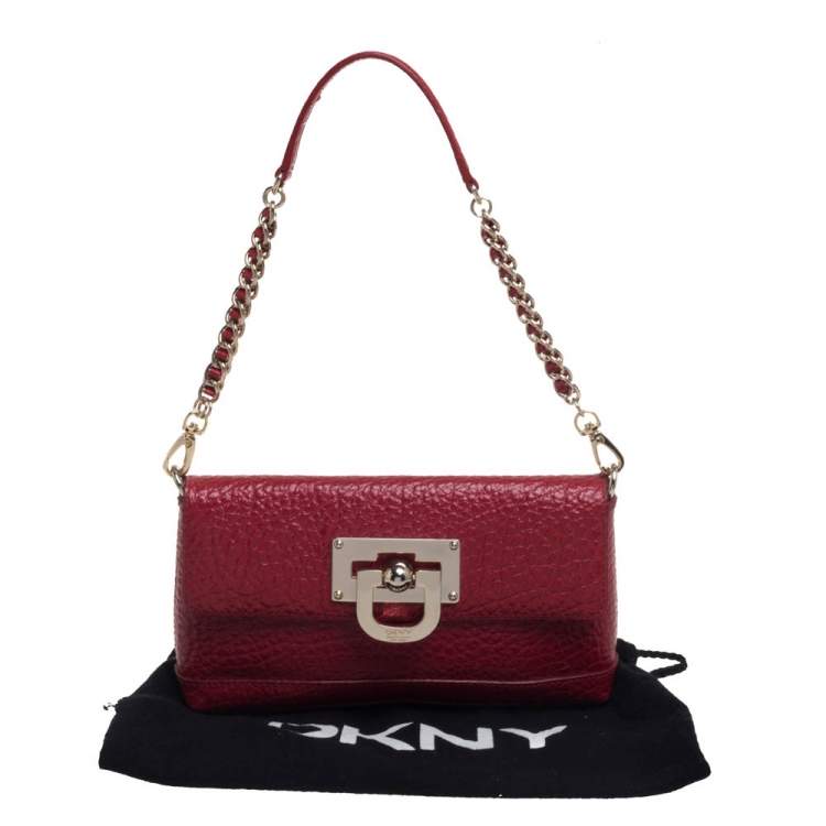 Pre Owned DKNY Red Grain Leather Flap Shoulder Bag