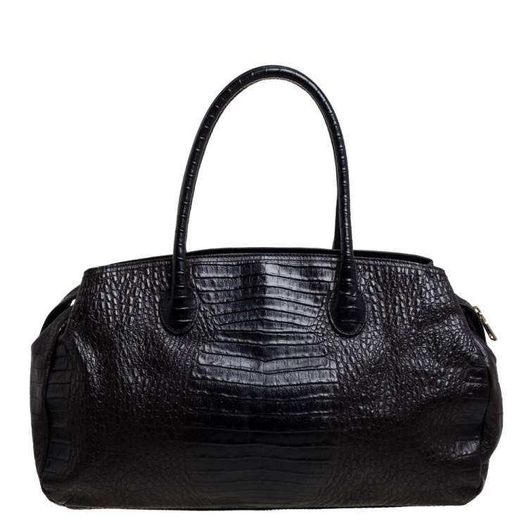 مملوكة مسبقًا Dkny Dark Brown Croc Embossed Leather Zipped Satchel