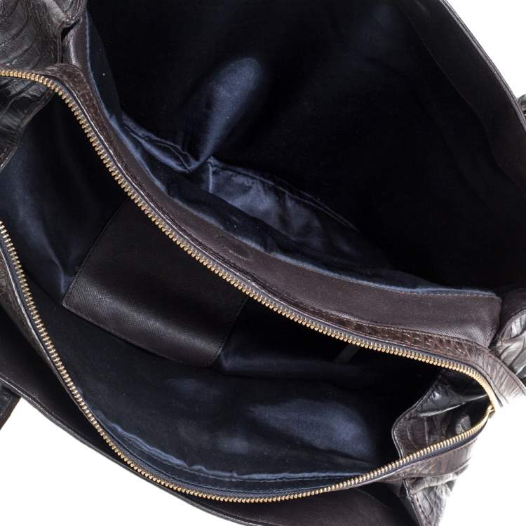 مملوكة مسبقًا Dkny Dark Brown Croc Embossed Leather Zipped Satchel