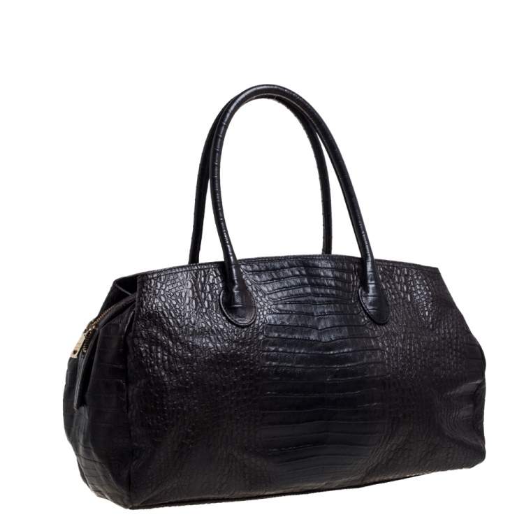 مملوكة مسبقًا Dkny Dark Brown Croc Embossed Leather Zipped Satchel