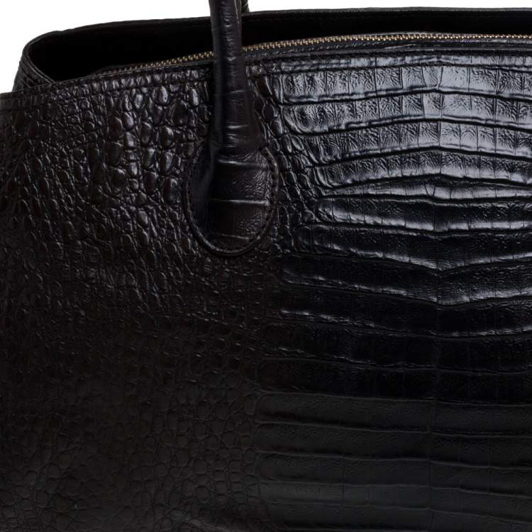 مملوكة مسبقًا Dkny Dark Brown Croc Embossed Leather Zipped Satchel