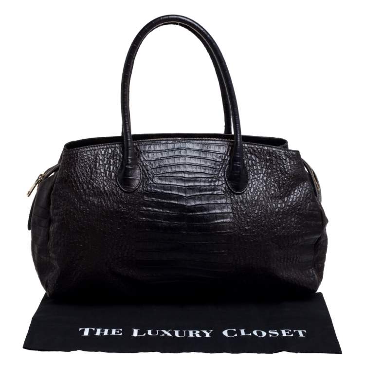 مملوكة مسبقًا Dkny Dark Brown Croc Embossed Leather Zipped Satchel