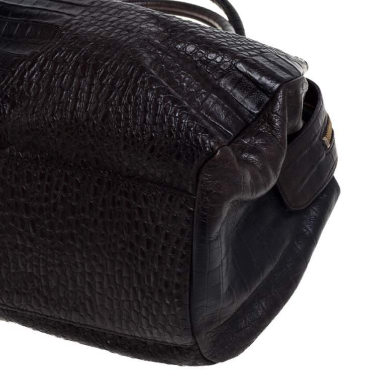 مملوكة مسبقًا Dkny Dark Brown Croc Embossed Leather Zipped Satchel