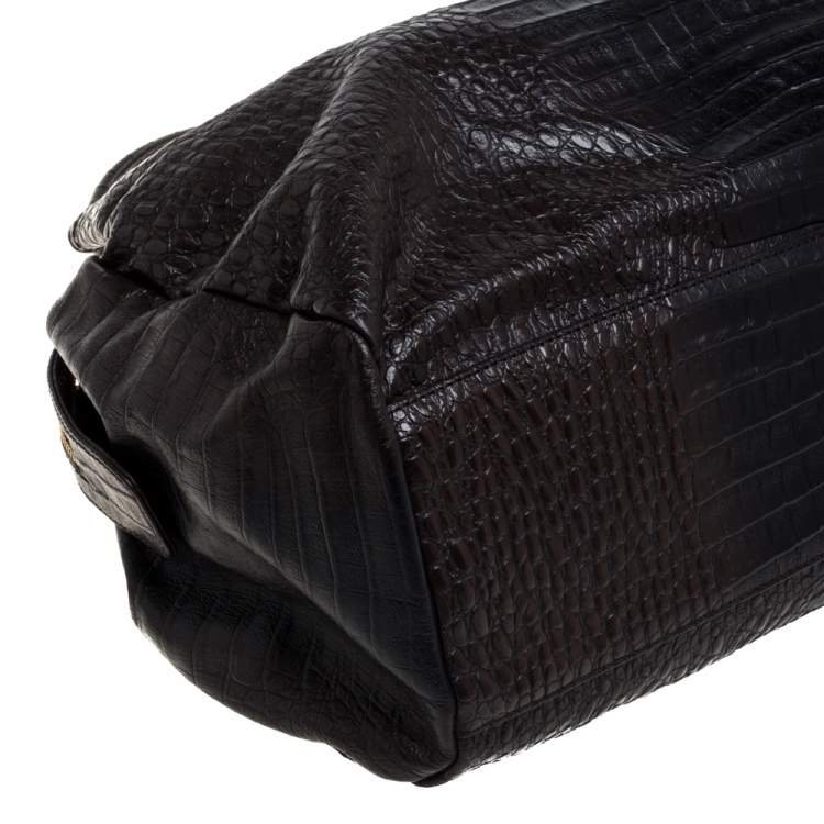 مملوكة مسبقًا Dkny Dark Brown Croc Embossed Leather Zipped Satchel