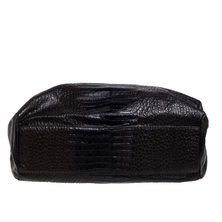 مملوكة مسبقًا Dkny Dark Brown Croc Embossed Leather Zipped Satchel