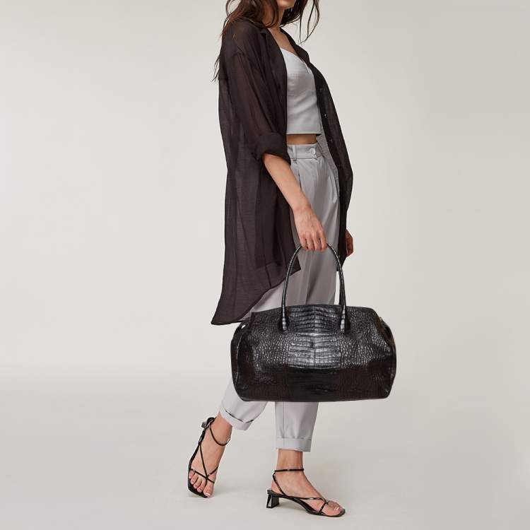مملوكة مسبقًا Dkny Dark Brown Croc Embossed Leather Zipped Satchel