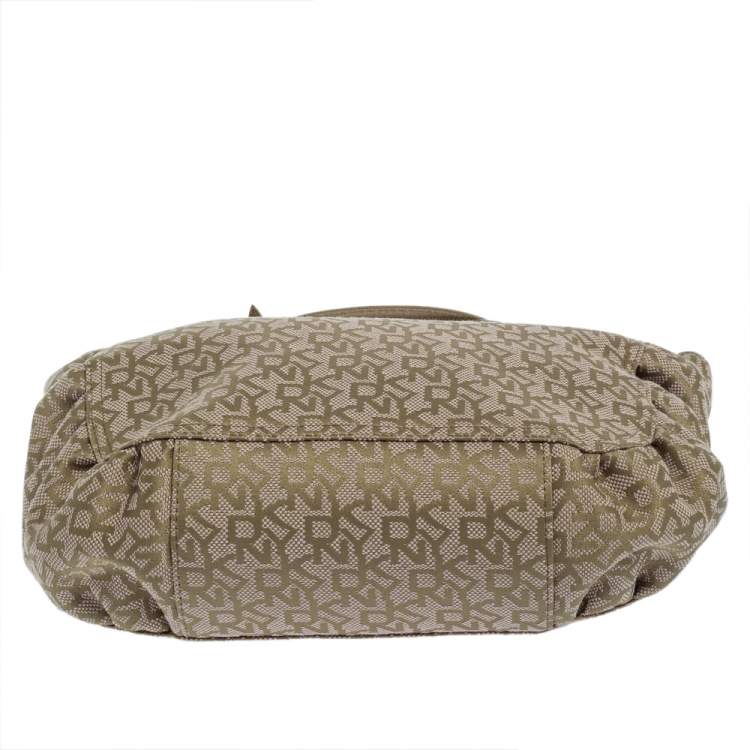 Pre Owned Dkny Pale Green/Beige Monogram Canvas and Lizard Embossed Bow Tote