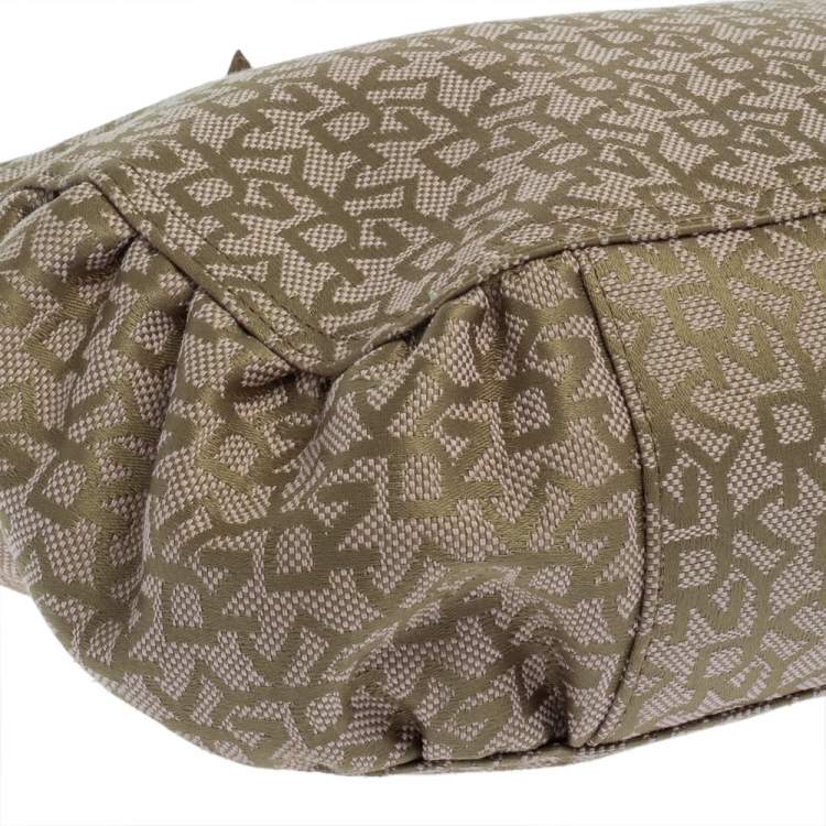 Pre Owned Dkny Pale Green/Beige Monogram Canvas and Lizard Embossed Bow Tote