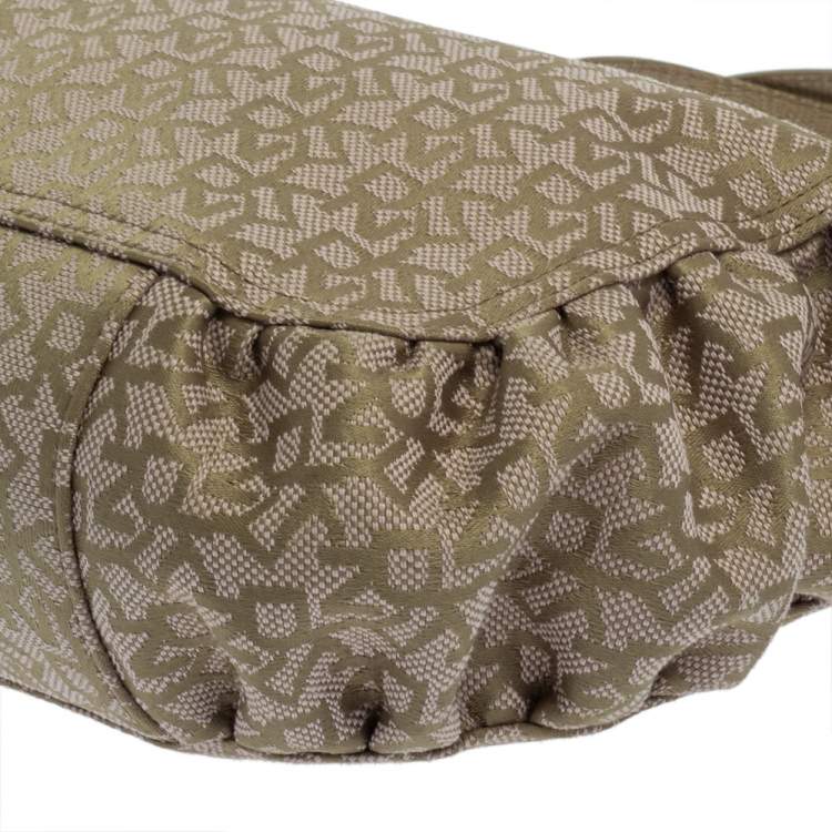 Pre Owned Dkny Pale Green/Beige Monogram Canvas and Lizard Embossed Bow Tote