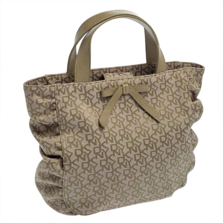 Pre Owned Dkny Pale Green/Beige Monogram Canvas and Lizard Embossed Bow Tote