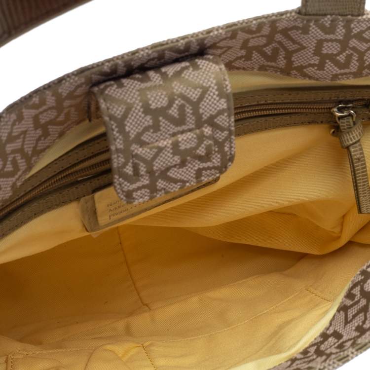 Pre Owned Dkny Pale Green/Beige Monogram Canvas and Lizard Embossed Bow Tote