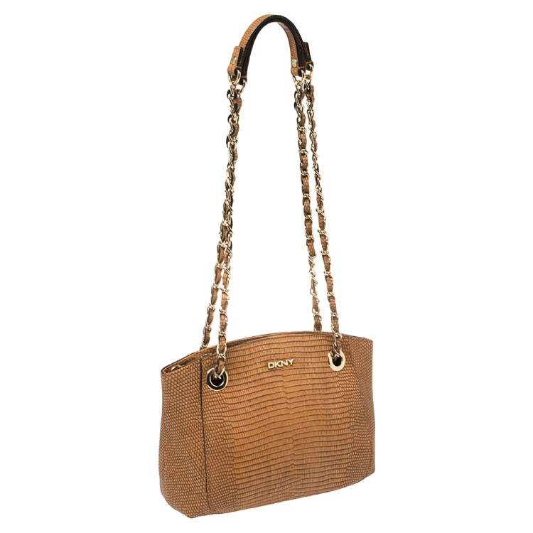 Pre Owned DKNY Brown Lizard Embossed Leather Chain Shoulder Bag