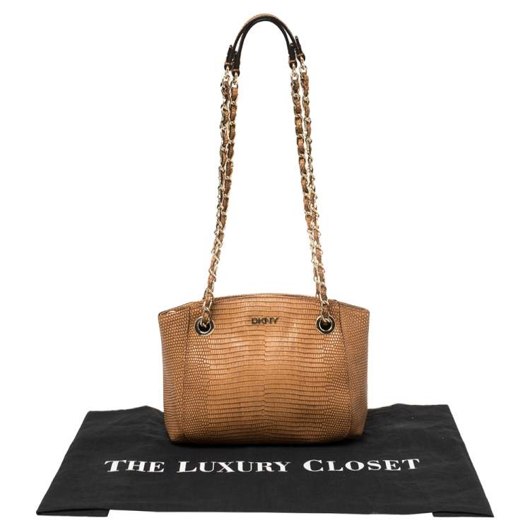 Pre Owned DKNY Brown Lizard Embossed Leather Chain Shoulder Bag