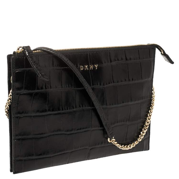 Pre Owned Dkny Black Croc Embossed Leather Shoulder Bag