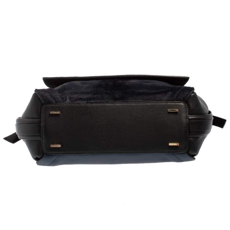 Pre Owned DKNY Blue/Black Calf Hair and Leather Greenwich Top Handle Bag