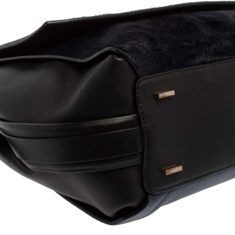 Pre Owned DKNY Blue/Black Calf Hair and Leather Greenwich Top Handle Bag