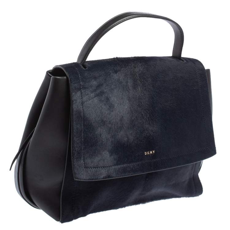 Pre Owned DKNY Blue/Black Calf Hair and Leather Greenwich Top Handle Bag