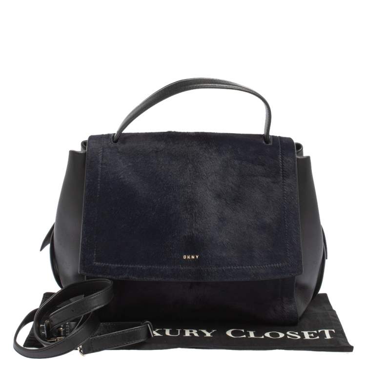 Pre Owned DKNY Blue/Black Calf Hair and Leather Greenwich Top Handle Bag