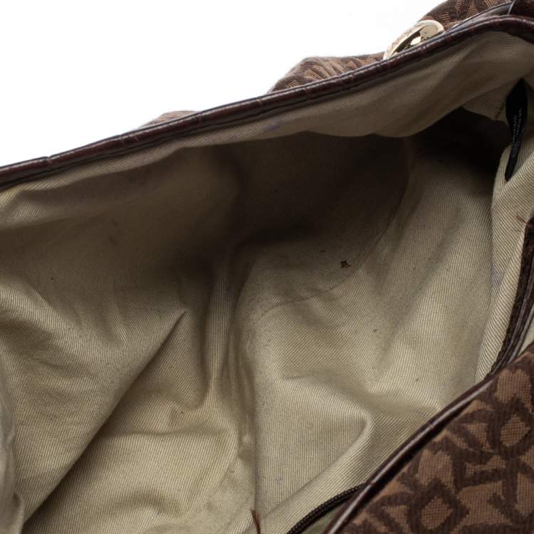 Pre Owned Dkny Brown Signature Canvas and Croc Embossed Leather Push Lock Flap Hobo