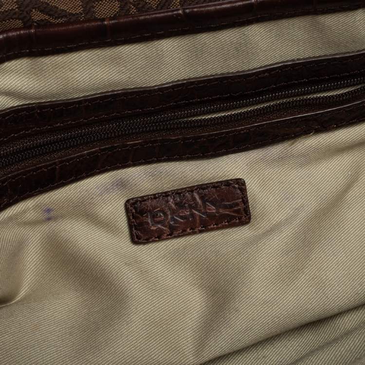 Pre Owned Dkny Brown Signature Canvas and Croc Embossed Leather Push Lock Flap Hobo