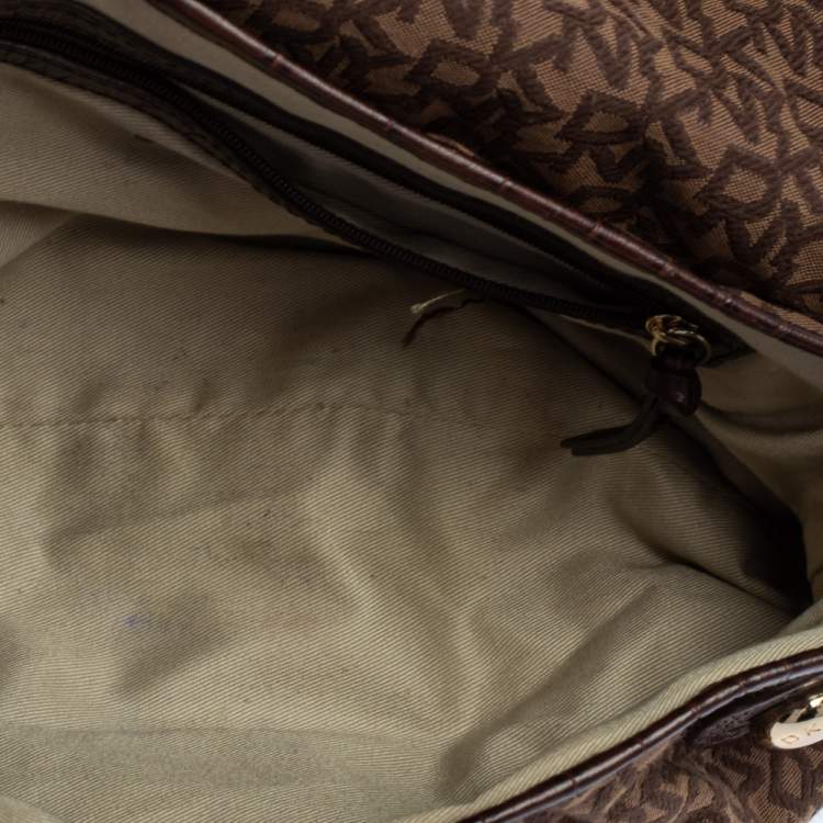 Pre Owned Dkny Brown Signature Canvas and Croc Embossed Leather Push Lock Flap Hobo