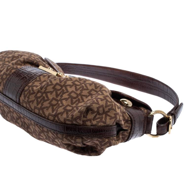 Pre Owned Dkny Brown Signature Canvas and Croc Embossed Leather Push Lock Flap Hobo