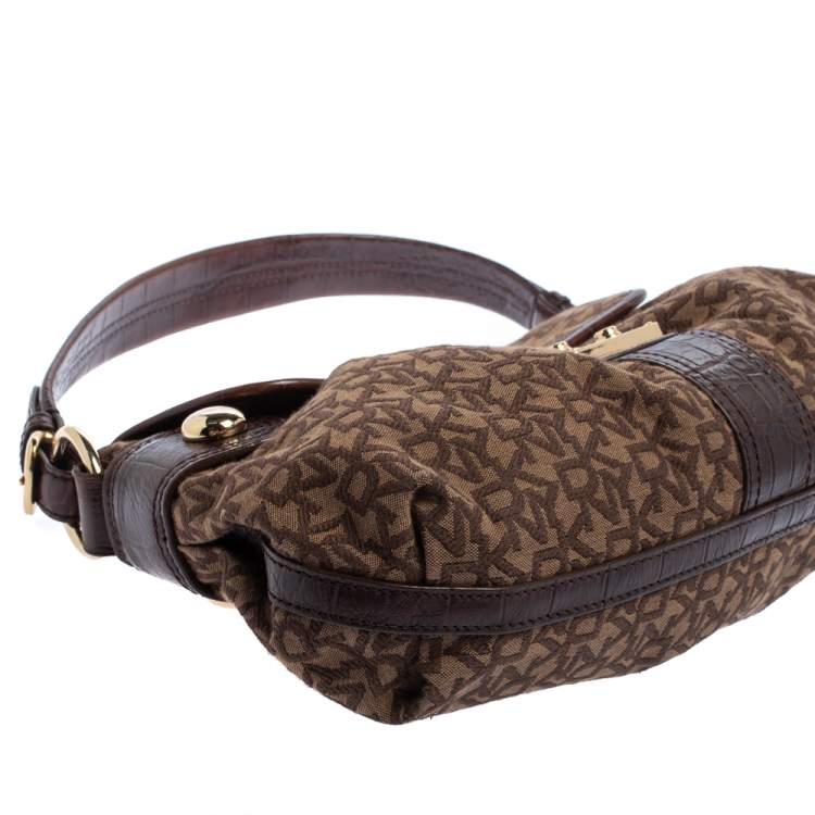 Pre Owned Dkny Brown Signature Canvas and Croc Embossed Leather Push Lock Flap Hobo