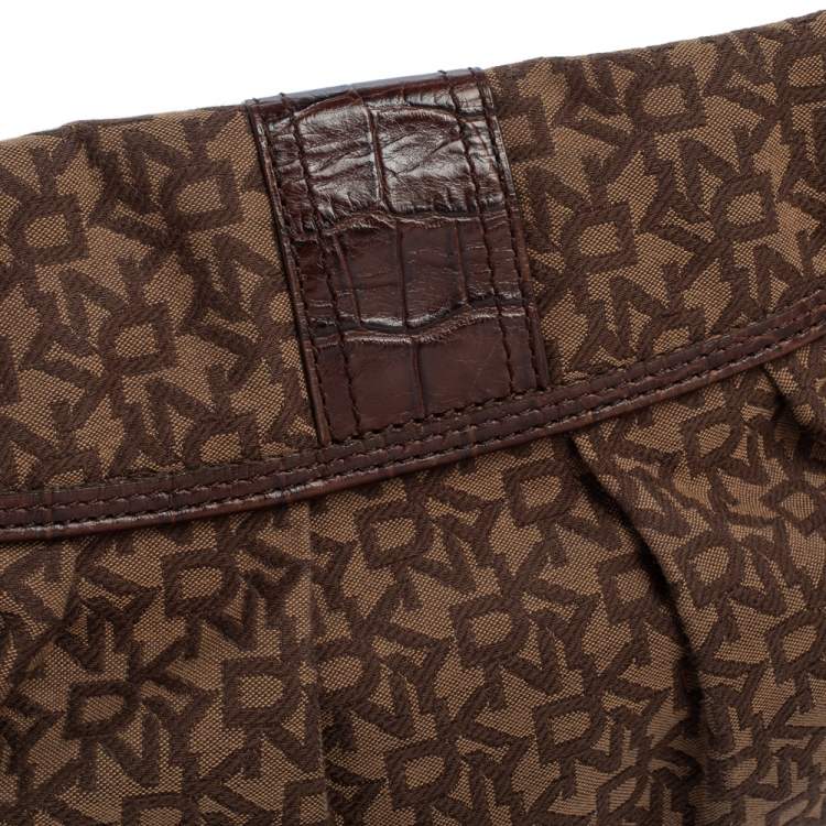 Pre Owned Dkny Brown Signature Canvas and Croc Embossed Leather Push Lock Flap Hobo