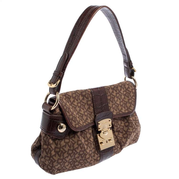 Pre Owned Dkny Brown Signature Canvas and Croc Embossed Leather Push Lock Flap Hobo