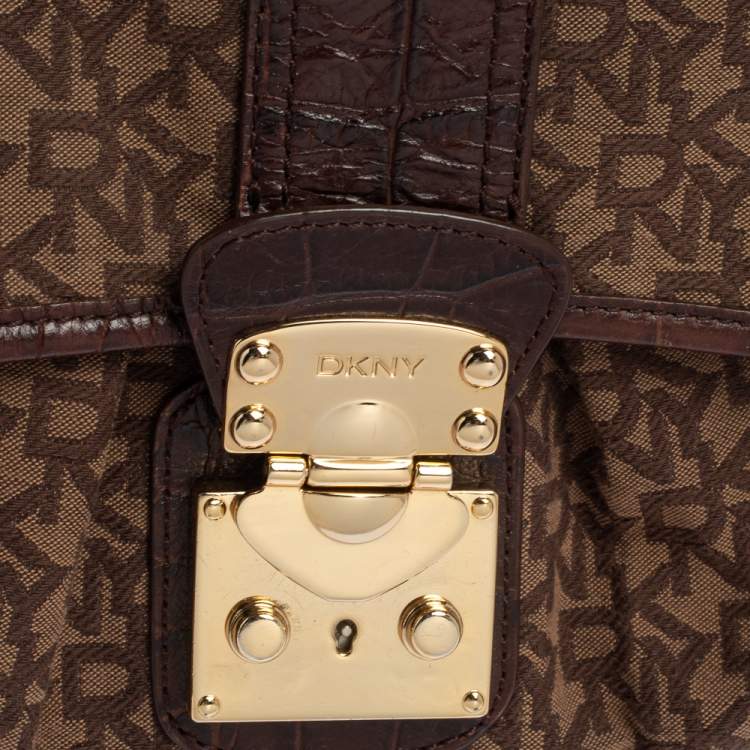 Pre Owned Dkny Brown Signature Canvas and Croc Embossed Leather Push Lock Flap Hobo