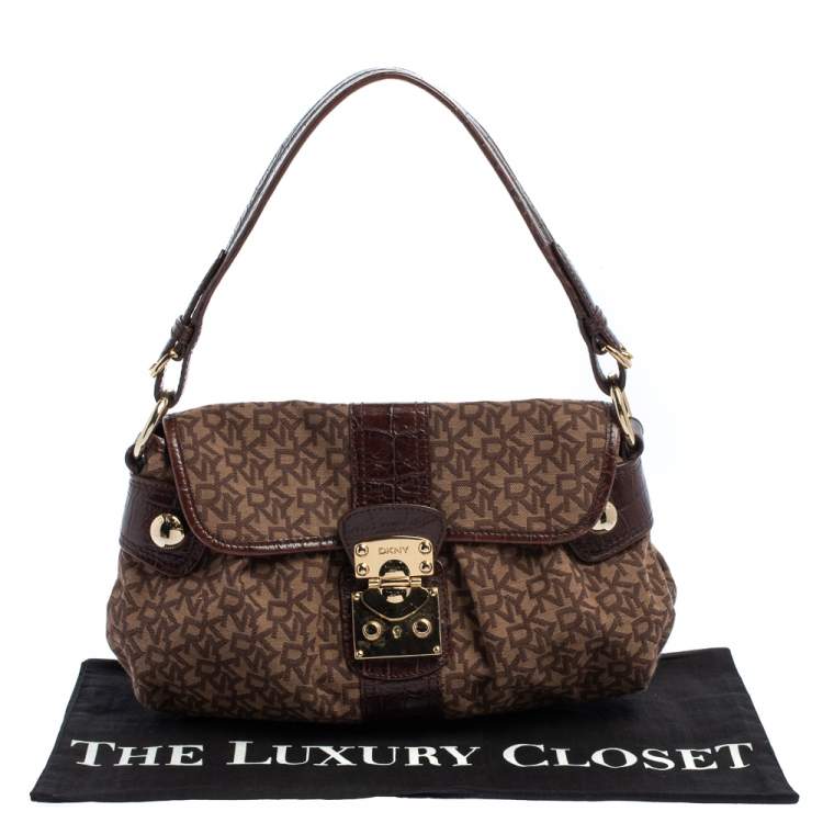 Pre Owned Dkny Brown Signature Canvas and Croc Embossed Leather Push Lock Flap Hobo