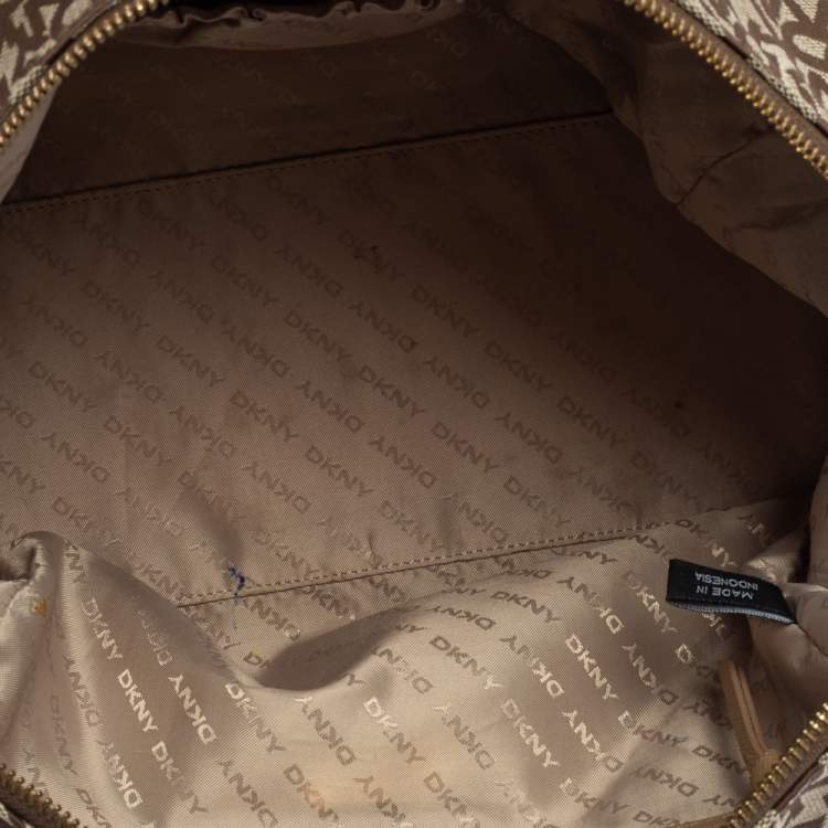 Pre Owned DKNY Beige/Tan Signature Canvas and Leather Boston Bag