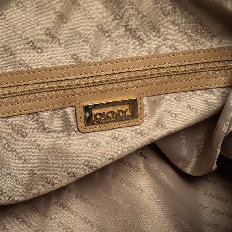 Pre Owned DKNY Beige/Tan Signature Canvas and Leather Boston Bag