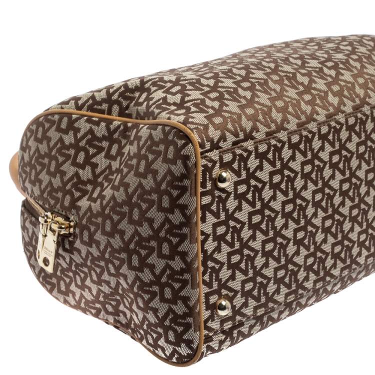 Pre Owned DKNY Beige/Tan Signature Canvas and Leather Boston Bag